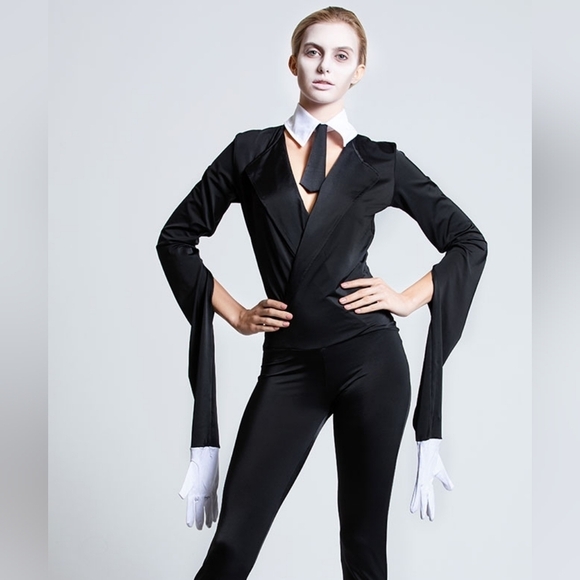 NEW Yandy Creepy Slim Slender Man Costume Long Arm Black Jumpsuit S/M - Picture 3 of 7